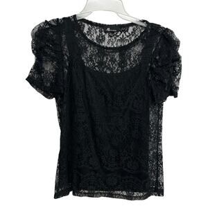 Dark feminine lace puff sleeve blouse AB Studio black sheer romantic size S